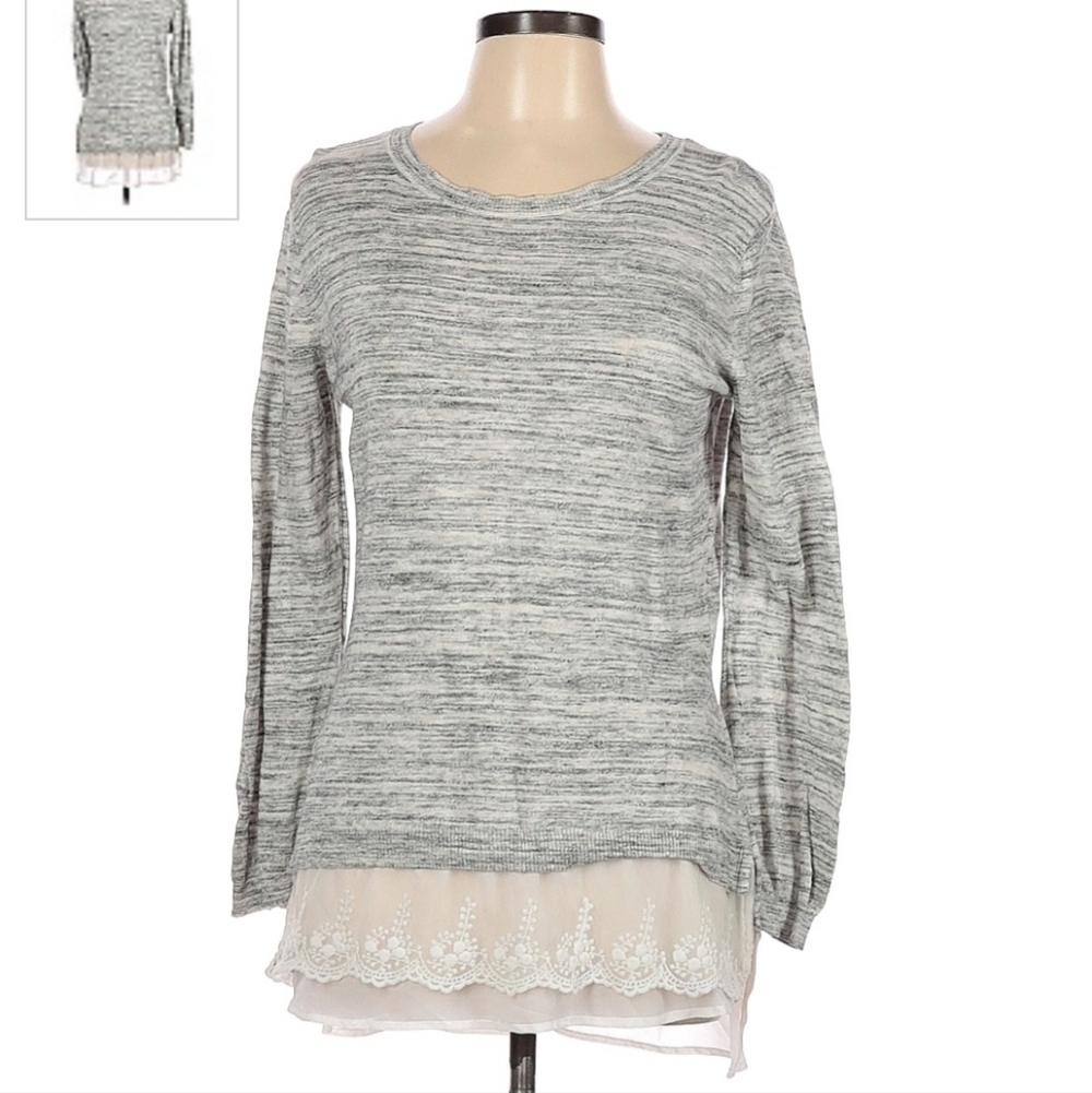 Como Vintage Heathered Grey Sweater w/ Lace Womens Large L Crew Neck 100% Cotton